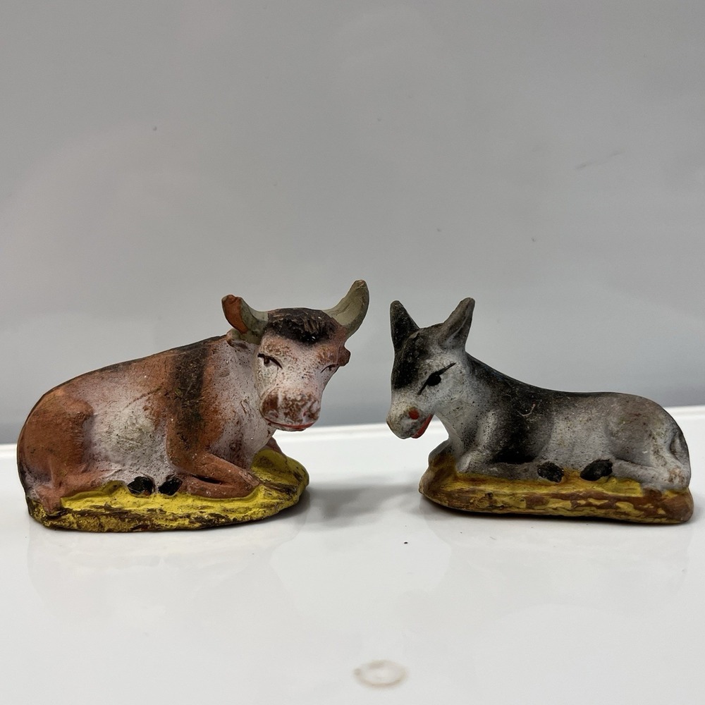 Vintage P. Fouque Santon French Hand Painted Figurine Nativity Cow & Donkey